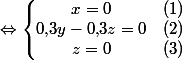 \Leftrightarrow\left\{\begin{matrix}x=0&(1)\\0{,}3y-0{,}3z=0&(2)\\z=0&(3)\end{matrix}\right.